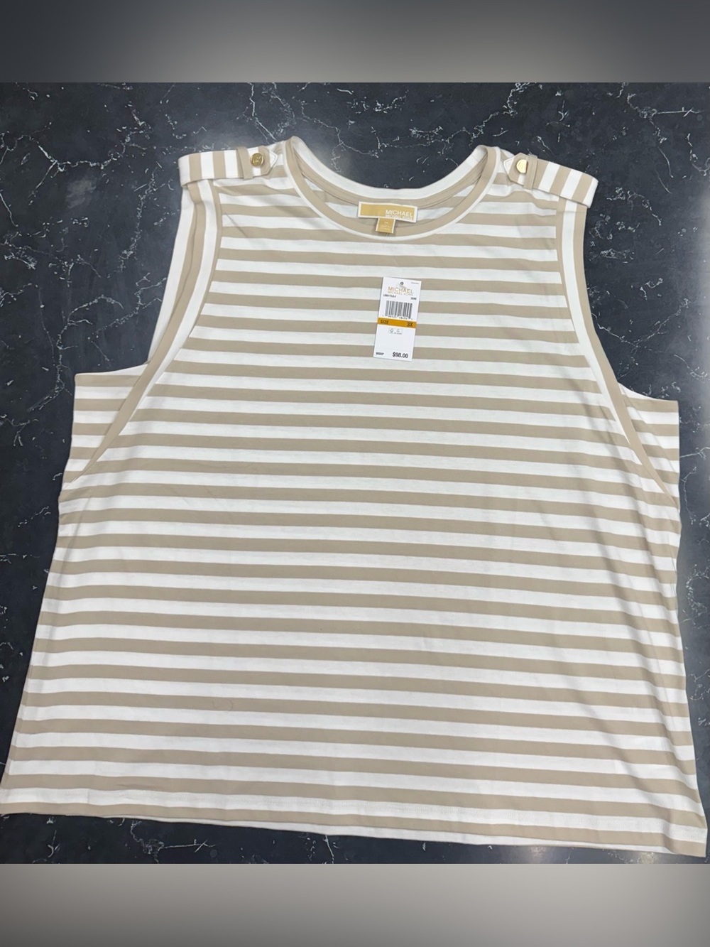 Michael Kors Cotton Striped Sleeveless Top with Gold Buttons